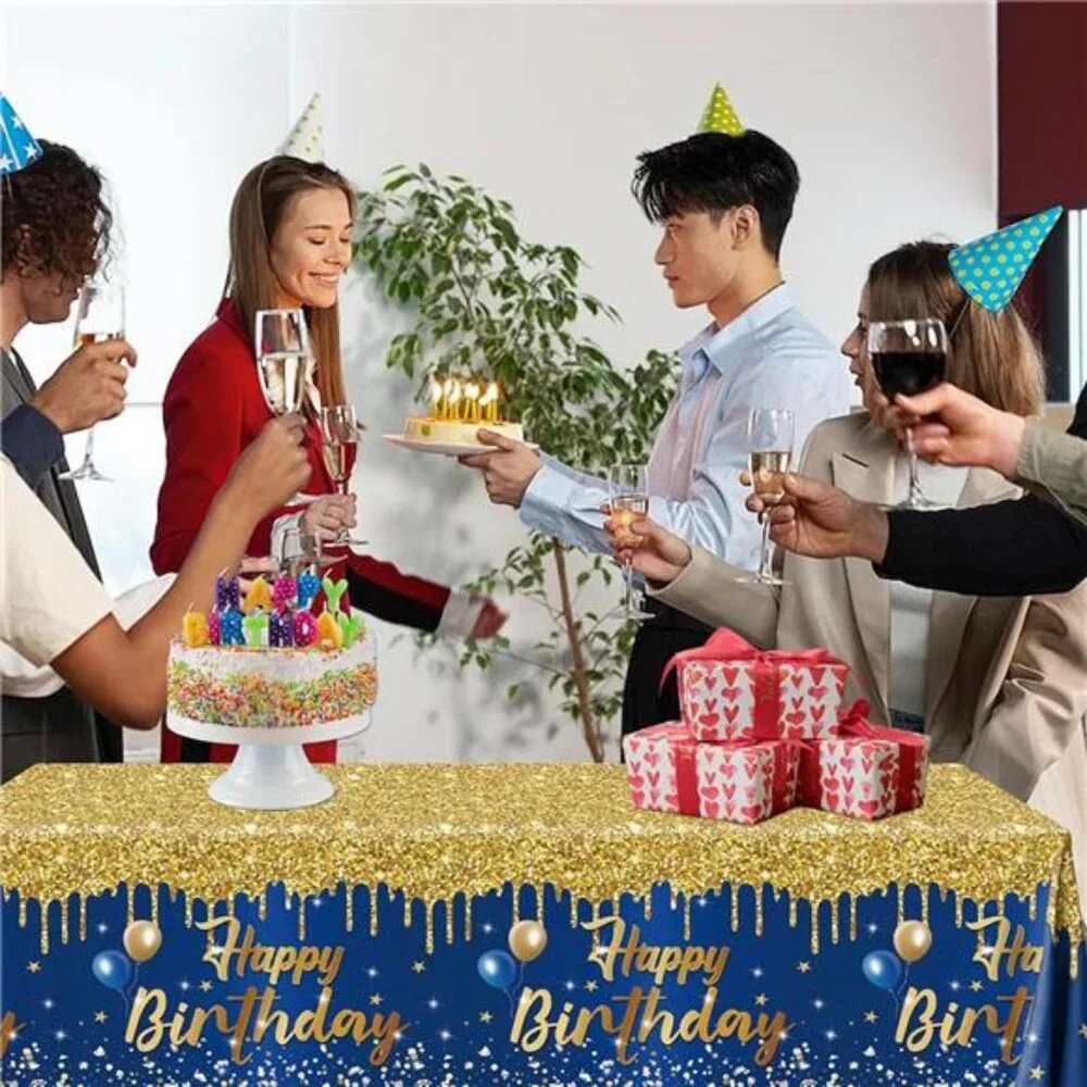 Happy Birthday Tablecloth 3 Pack Navy Blue Gold Party Table Covers for Adults